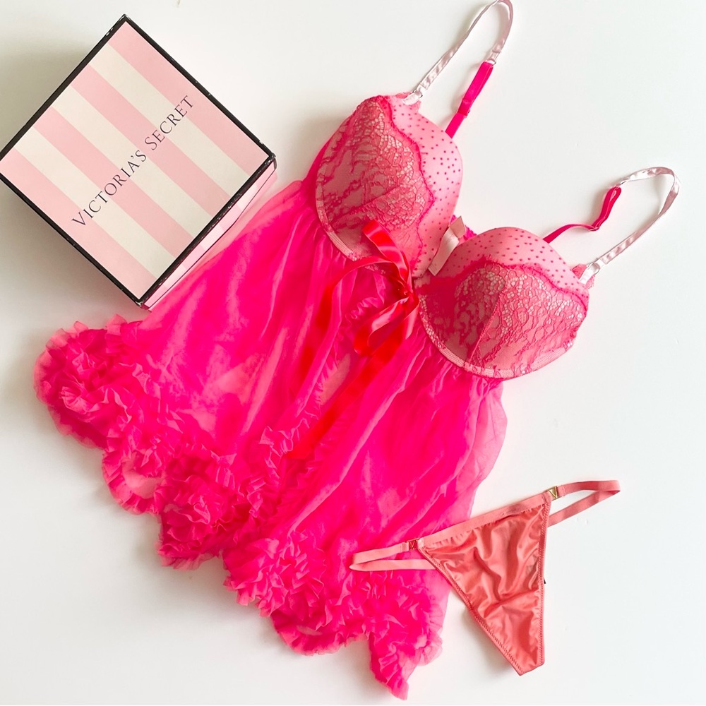 34C SMALL Victoria’s Secret pink babydoll lingerie set